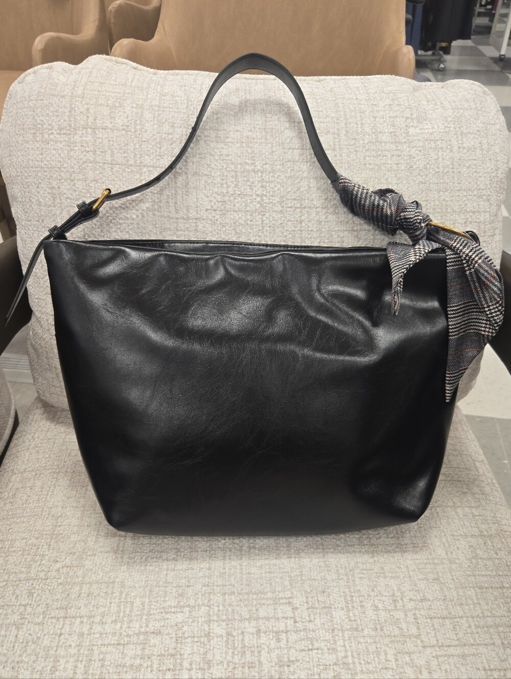 Steve Madden Black Leather Shoulder Bag with Scarf Accent